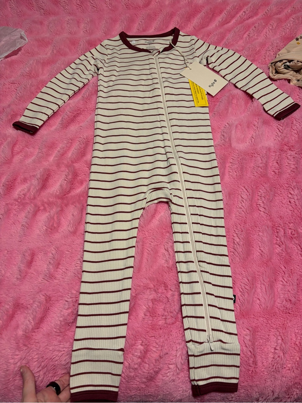 Kyte baby Cream and Burgundy Striped Kids One-Piece Zip Romper